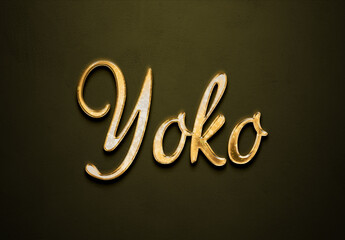 Old gold text effect of Japanese name Yoko with 3D glossy style Mockup.