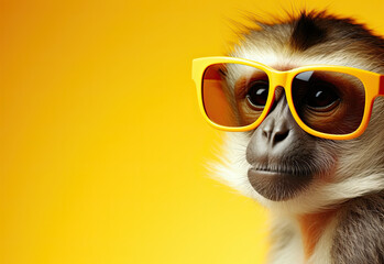 Fototapeta premium Macaque with glasses. Close-up portrait of a macaque. Anthopomorphic creature. A fictional character for advertising and marketing. Humorous character for graphic design.