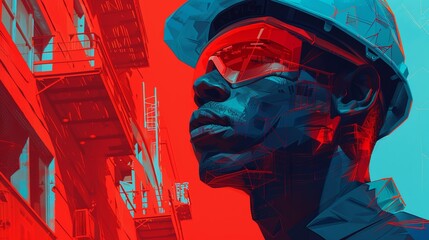 Face of an engineer wearing a construction worker's helmet. Universal specialist. Illustration for cover, card, postcard, interior design, banner, poster, brochure or presentation.