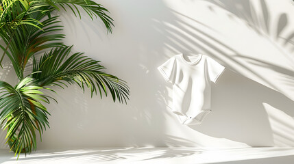 White baby bodysuit for mockup and monstera leaves are near.