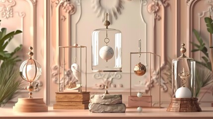 Jewelry display stand in white and cream with a wooden and stone holder. Trendy 3D render for social media banners and promotion.