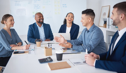 Diversity, happy team and business people in training, coaching or laugh at joke. Group, leader and...