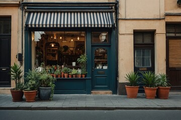 small vintage shop facade, striped awning and plant pot