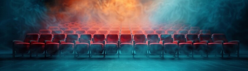 Obraz premium Haunted digital movie theater, ghostly projections, eerie ambiance, photorealistic, highly detailed