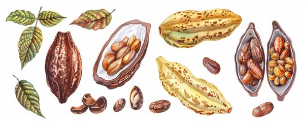 Botanical Watercolor Illustration of Cocoa Beans and Pods on White Background with Detailed Design