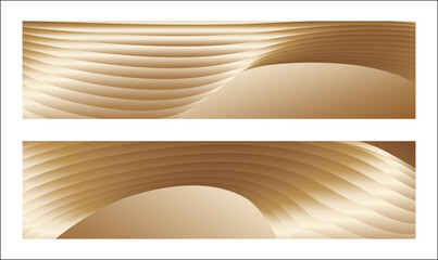 Wavy golden parallel gradient lines, ribbons, silk. Golden with shades of yellow background, banner, poster. Set of 2 backgrounds. Eps vector