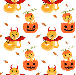 Cute snakes in Halloween costumes with devil horns, wings, and pumpkins. 