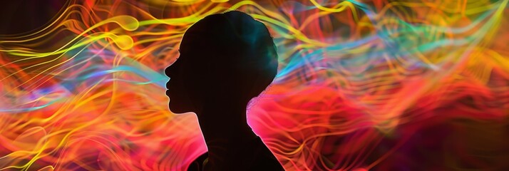 Silhouette highlighted by neon waves Digital sound concept Vivid colors, fluid movement portray