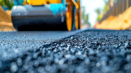 A roller is used to compact and level the road surface. The road is paved and construction equipment is operated. Repairing or installing new sidewalk of a highway or sidewalk. Illustration for design