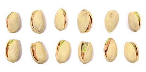 Pistachios set isolated on white background, top view