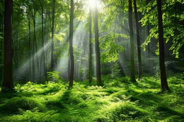 Sunbeams Streaming Through Lush Green Forest Canopy