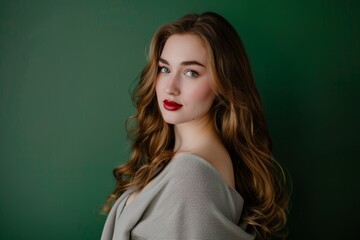 A beautiful curvy russian businesswoman posing in front of a green background. natural makeup on face clean fresh skin on isolated. Portrait, Facial treatment, Body care, Beauty and Spa salon