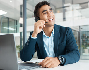 Man, thinking and virtual assistant or networking in office, technical support and operator for...