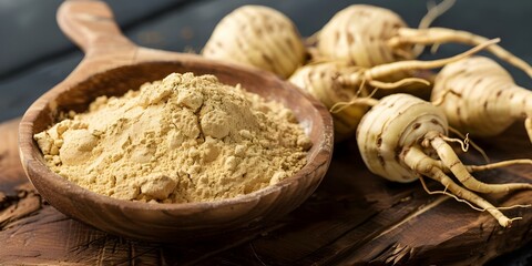 Peruvian Superfoods Maca Powder and White Ginseng's Health Benefits. Concept Peruvian Superfoods, Maca Powder, White Ginseng, Health Benefits