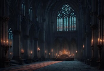 Fototapeta premium A dark, gothic cathedral interior with tall arched windows, candles, and a mysterious, ethereal atmosphere