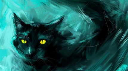 A painting, it shows a close-up of a cat's face with the angry, aggressive look of a predator. Illustration for cover, card, postcard, interior design, poster, brochure or presentation.