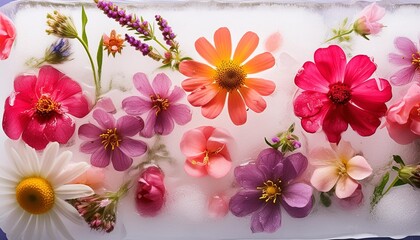 dreamy background with wild flowers frozen in ice