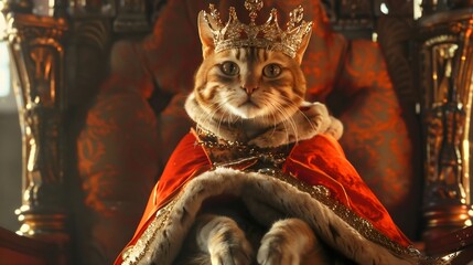 A close-up of an orange cat or kitty, wearing a king or queen costume and the crown, sits on the throne chair. Dress up for animals. Lovely pets in suits or clothes. Carnival or festival fashion