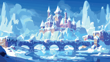 Magic Ice Palace Against the Backdrop of the Ice Bridge Cartoon Game Background Frozen Fortress Enchanted Castle Adventure Illustration Mystical Kingdom