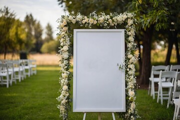 Wedding white Board, welcome sign Mockup , outdoors. Greeting template