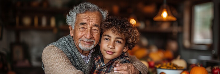 Elderly Hispanic man and young mixed-race boy hugging each other in a festive autumn setting. Concept of family love, holiday celebration, and gratitude