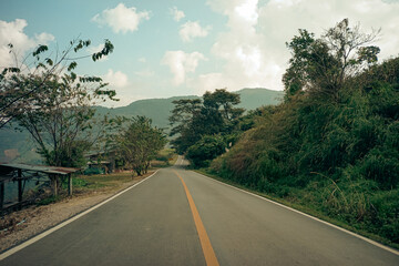 Fototapeta premium Scenic mountain road disappearing into the trees.