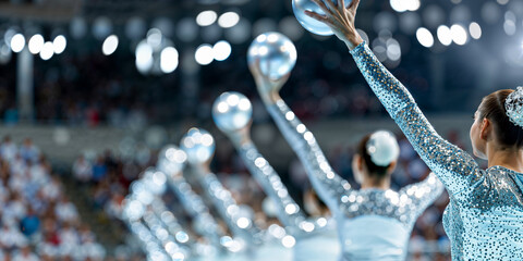 Rhythmic gymnastics team with ball, sports, performance, wide banner, copyspace