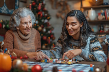 Elderly Hispanic woman and young woman playing a board game together in a festively decorated room. Concept of family bonding, holiday fun, and intergenerational connection