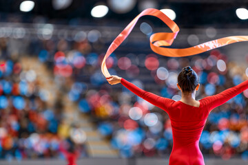 Rhythmic gynmastics with ribbon, sports, performance, copyspace