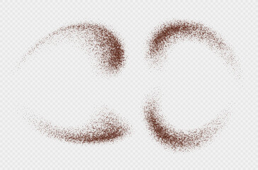 Flying coffee or chocolate powder, dust particles in motion, ground splash isolated on light background. Vector illustration.