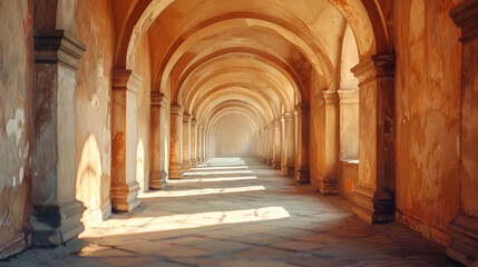 Fototapeta premium Exquisite ancient historical structure with an arched window gallery corridor and an archway. Gentle natural shadows cast by the arch vault balcony passage. backdrop of geometric architecture
