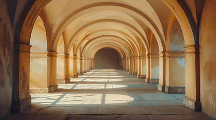 Fototapeta premium Exquisite ancient historical structure with an arched window gallery corridor and an archway. Gentle natural shadows cast by the arch vault balcony passage. backdrop of geometric architecture