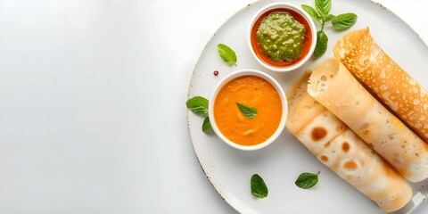 Cheese Masala Dosa with Sambar and Chutney Top View on White Background. Concept Food Photography, Indian Cuisine, Top-Down Shot, White Background, South Indian Breakfast