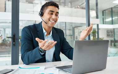 Talking, businessman and happy with laptop or headset for discussion, planning and customer...