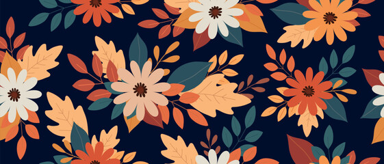 Trendy seamless floral pattern on a blue background. Hand drawn flowers and leaves, seamless background.