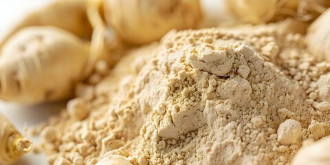 Organic Maca Root Powder Closeup on White Background. Concept Organic Food, Maca Root, Closeup Photography, White Background