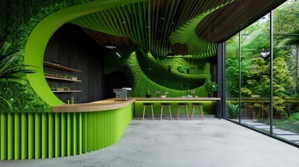 Trendy ecocafe with novel green architecture, solar panels, lush plant walls, modern design, digital art, vibrant colors, highly detailed