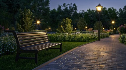Current urban park with advanced renewable energy features, solarpowered benches, windpowered lights, photorealistic, vibrant tones, high detail