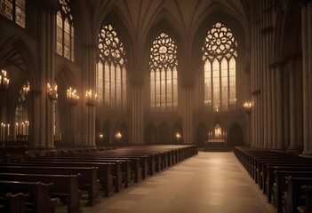 A dark, gothic cathedral interior with tall arched windows, candles, and a mysterious, ethereal atmosphere
