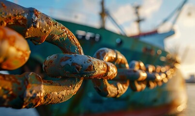 Close-up of a ship mooring chain in an industrial port or oil pier. Rusty chain in a port with a blurred ship background.