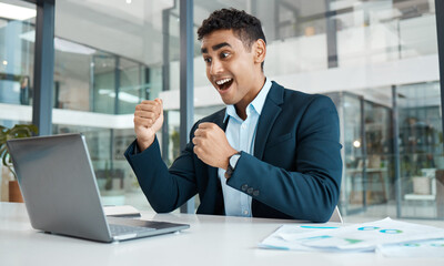 Celebration, businessman and excited with laptop for sales, planning and stock market in office. Financial advisor, hands and trading or success at desk for job, research and technology in workplace