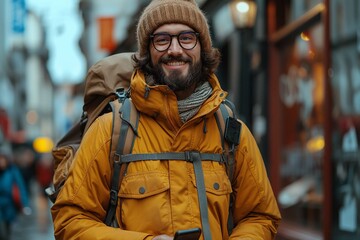 Happy man with travel bag text messaging on cell phone