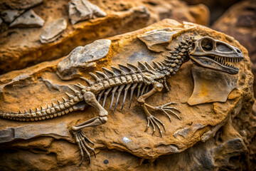A skeletonized lizard is laying on a rock. The skeleton is missing its head and tail