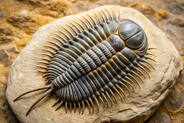A large, grey and brown creature with a long tail is laying on a rock. The creature has a unique appearance and seems to be a fossil