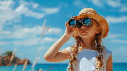 Lovely Little Girl Using Binoculars to See