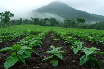 Fototapeta premium Lush Green Coffee Plantation With Foggy Mountain In The Background