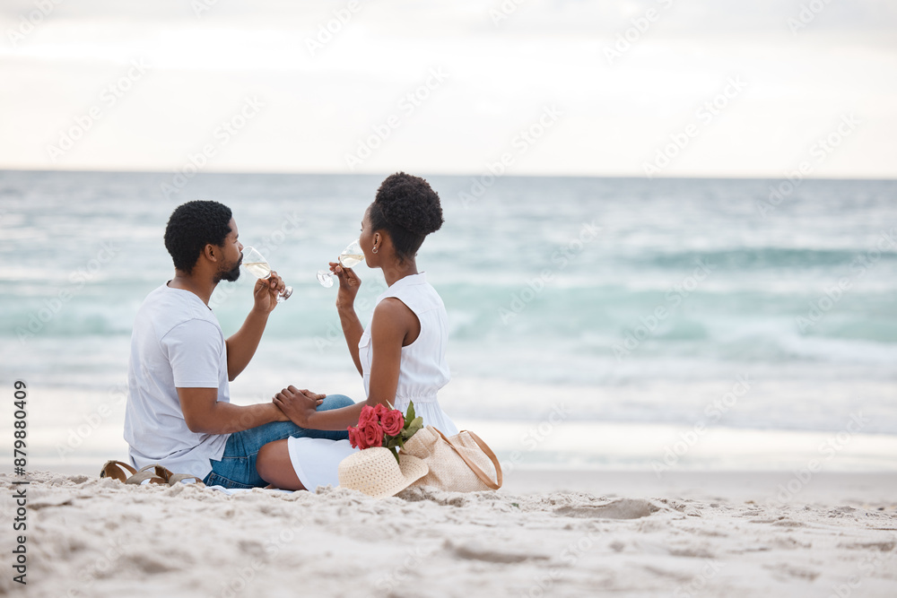 Sticker Black couple, drink and relax on sand by beach for romantic date on vacation, anniversary getaway and bonding. Man, woman and together with white wine, ocean escape and commitment for love connection