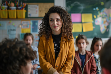 Obraz premium Teacher is smiling at her pupils while standing in a classroom full of elementary school students