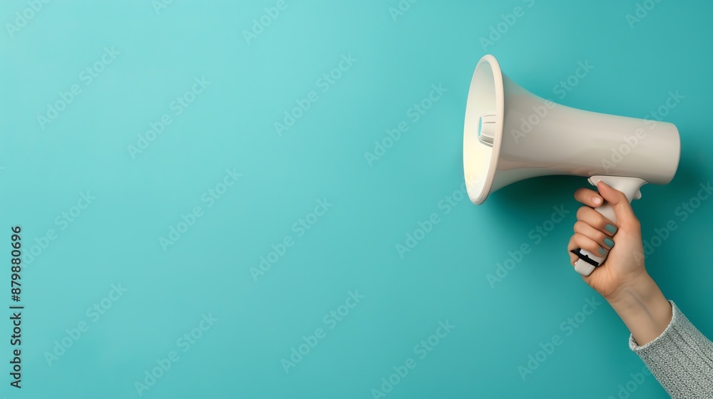 Wall mural hand holding a white megaphone against a turquoise background, signifying communication, announcemen