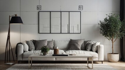 White home living room interior with drawer, decoration and books. Mockup wall